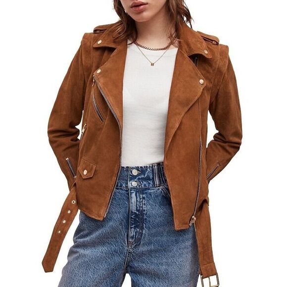 ALL SAINTS Morgan Suede Biker Jacket US 6 Brown - Picture 1 of 11